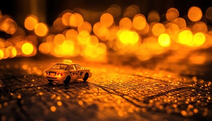 Wall Mural - Night City Taxi Miniature on Illuminated Map: A Captivating Bokeh Photography