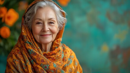 Wall Mural - Portrait of a happy elderly Italian woman, laughing softly, wearing a headscarf, isolated on a light mint background with text space 