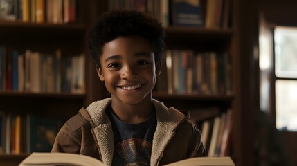 Wall Mural - A young black boy is sitting in a library with a book in his hands. He is smiling and looking at the camera