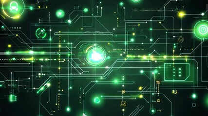 Wall Mural - abstract digital network with green glowing lines and shapes