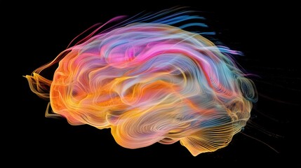 Poster - A 3D image of a brain with colorful, swirling lines around it to represent thought processes and the flow of ideas, showing the complexity of mental activity