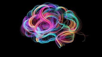 Poster - A 3D image of a brain with colorful, swirling lines around it to represent thought processes and the flow of ideas, showing the complexity of mental activity