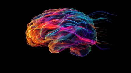 Poster - A 3D image of a brain with colorful, swirling lines around it to represent thought processes and the flow of ideas, showing the complexity of mental activity