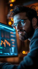 Poster - A focused individual analyzes data on a computer screen in a cozy environment.