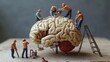 © wicha - A brain under construction with tiny figures adding and fixing parts, representing self-improvement and mental health maintenance.