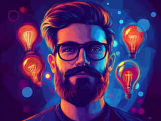 Poster - A digital portrait of a man with glasses, surrounded by glowing light bulbs, symbolizing ideas.