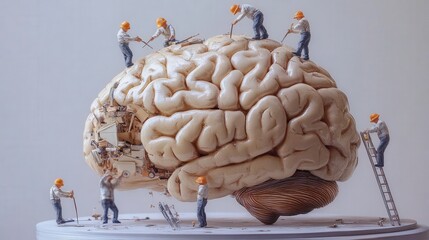Poster - A brain under construction with tiny figures adding and fixing parts, representing self-improvement and mental health maintenance.