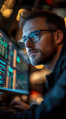 Aufkleber - A focused individual analyzing data on multiple screens in a tech environment.