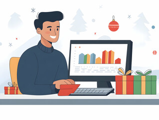Poster - A person working at a computer with holiday decorations and gifts nearby.