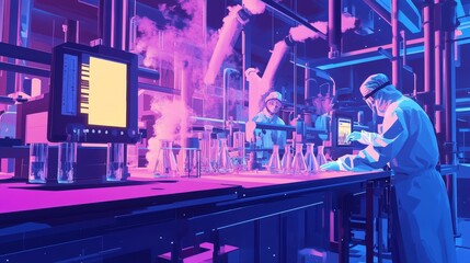 Poster - A chemical industry lab with scientists in protective gear analyzing samples, surrounded by beakers and advanced equipment.