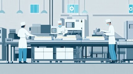 Poster - a clean and modern food processing facility, with workers packaging food products on an assembly lin