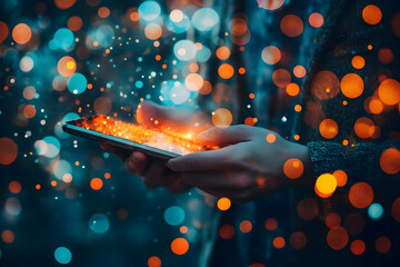Poster - A person holding a smartphone with glowing bokeh lights in the background.