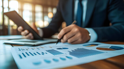 Poster - A businessman analyzes charts and data on paper while using a tablet.