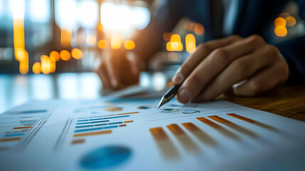 Poster - A close-up of a hand analyzing business charts and graphs on a document.