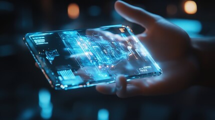 Poster - A cutting-edge mobile phone powered by AI, with a holographic scale interface that projects 3D visuals into the air.