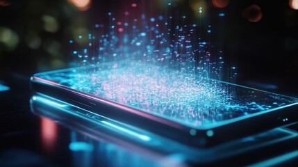 Poster - A cutting-edge mobile phone powered by AI, with a holographic scale interface that projects 3D visuals into the air.