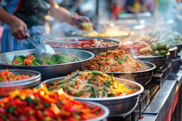 Asian Street Food. Cooking and Customer Service at Traditional Street Market