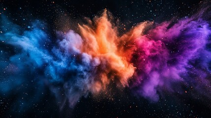 Poster - Abstract powder dust explosion in vibrant colors swirls against a black background, radiating energy.