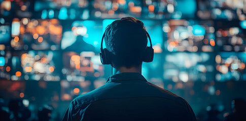 Fototapete - A person wearing headphones stands before multiple screens displaying various images.