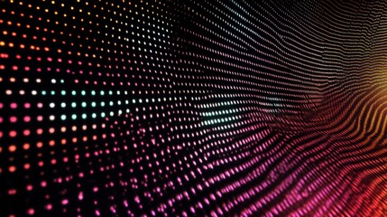 Poster - A dynamic digital background with a grid of light particles and floating holograms.