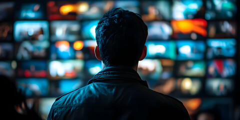 Poster - A person gazes at a wall of screens displaying various images and videos.