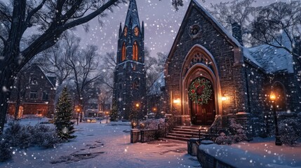 Poster - Snowy Winter Evening at a Charming Stone Church Decorated for the Holidays with a Festive Wreath and Soft Glow of Street Lights in a Tranquil Setting