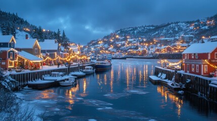 Poster - Serene Winter Evening in a Snow-Covered Coastal Village with Festive Lights Reflecting in Calm Waters and Snow-Capped Mountains in the Background