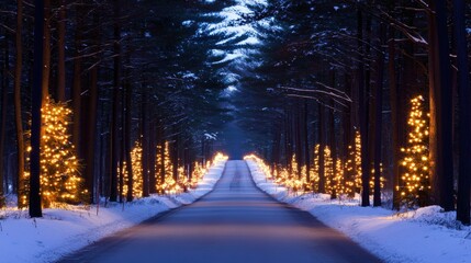 Poster - Serene Winter Road Surrounded by Snowy Forest with Glowing Christmas Lights Adorning Tall Evergreens under a Soft Twilight Sky