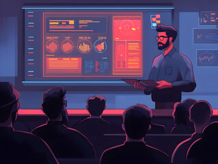Poster - A presenter discusses data insights to an audience in a modern, tech-focused setting.