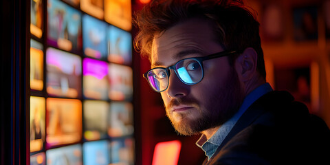 Poster - A man with glasses looks intently at a screen displaying various images in a dimly lit room.
