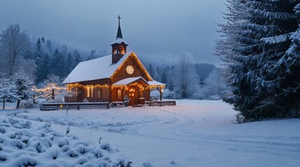 Poster - Charming Snow-Covered Chapel with Warm Lights in Winter Landscape, Surrounded by Pine Trees and Softly Falling Snow, Evoking Holiday Spirit and Tranquility