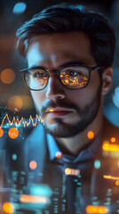 Aufkleber - A focused man in glasses gazes at digital data and graphs, symbolizing analytics and insight.
