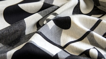 Wall Mural - A geometric fabric pattern with bold lines and shapes in a modern palette of black, white, and gray.