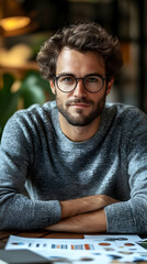 Aufkleber - A man with glasses sits at a table, looking confidently at the camera, surrounded by documents.