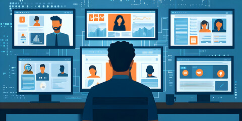 Fototapete - A person analyzing data on multiple screens in a tech-focused workspace.