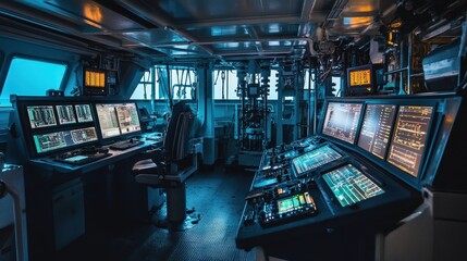 Poster - a high-tech control room aboard an oil drilling rig, where operators monitor the drilling process us