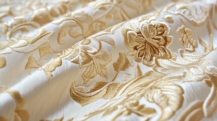 Poster - A luxurious brocade fabric pattern with intricate gold threads woven into a floral and vine motif.