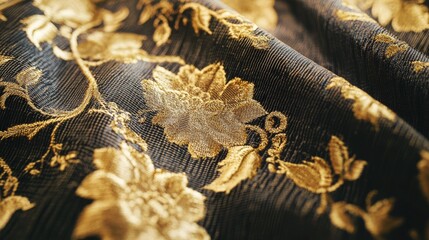 Poster - A luxurious brocade fabric pattern with intricate gold threads woven into a floral and vine motif.