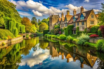 Wall Mural - Stunning English Countryside University with Historic Architecture, Reflecting in a Serene River Surrounded by Lush Green Foliage, Perfect for Urban Exploration Photography