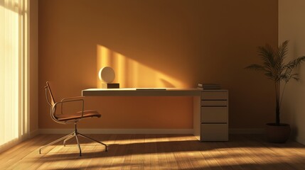 Poster - A minimalist home office with a simple desk and chair, a clean, organized workspace, and only a few carefully chosen decor items