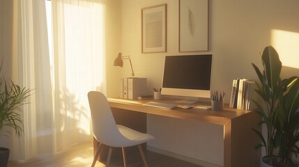 Poster - A minimalist home office with a simple desk and chair, a clean, organized workspace, and only a few carefully chosen decor items