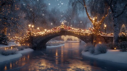 Wall Mural - Serene Winter Landscape Featuring Snow-Covered Bridge Adorned with Twinkling Lights and Festive Decorations Amidst a Peaceful Night Scene with Falling Snowflakes