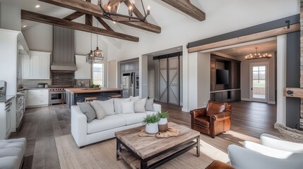 Poster - A modern farmhouse model combining contemporary design with rustic features like exposed beams and barn-style doors.