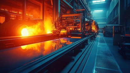 Poster - A modern glass manufacturing plant with glowing furnaces and machinery, producing sheets of glass for construction and automotive industries.