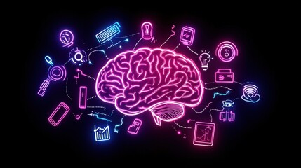 Poster - a neon-colored brain with electric pulses connecting it to symbols of tech devices, representing the