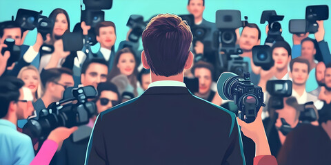 Poster - A person facing a crowd of photographers, capturing a moment of public attention.