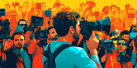Poster - A photographer captures an event surrounded by a crowd of cameras and onlookers.