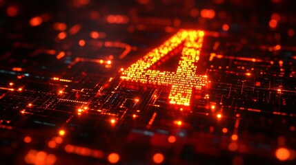 Poster - Bright glowing number four surrounded by digital patterns and lights in a futuristic landscape