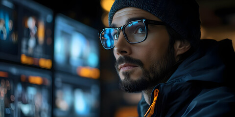 Poster - A focused individual in glasses observes multiple screens in a tech environment.