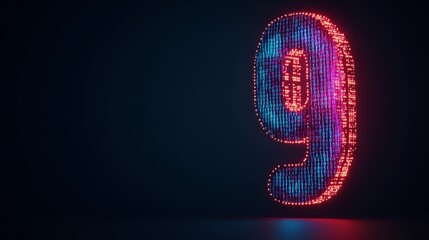 Poster - Colorful illuminated number nine made from vibrant LED lights against a dark background in a digital art display